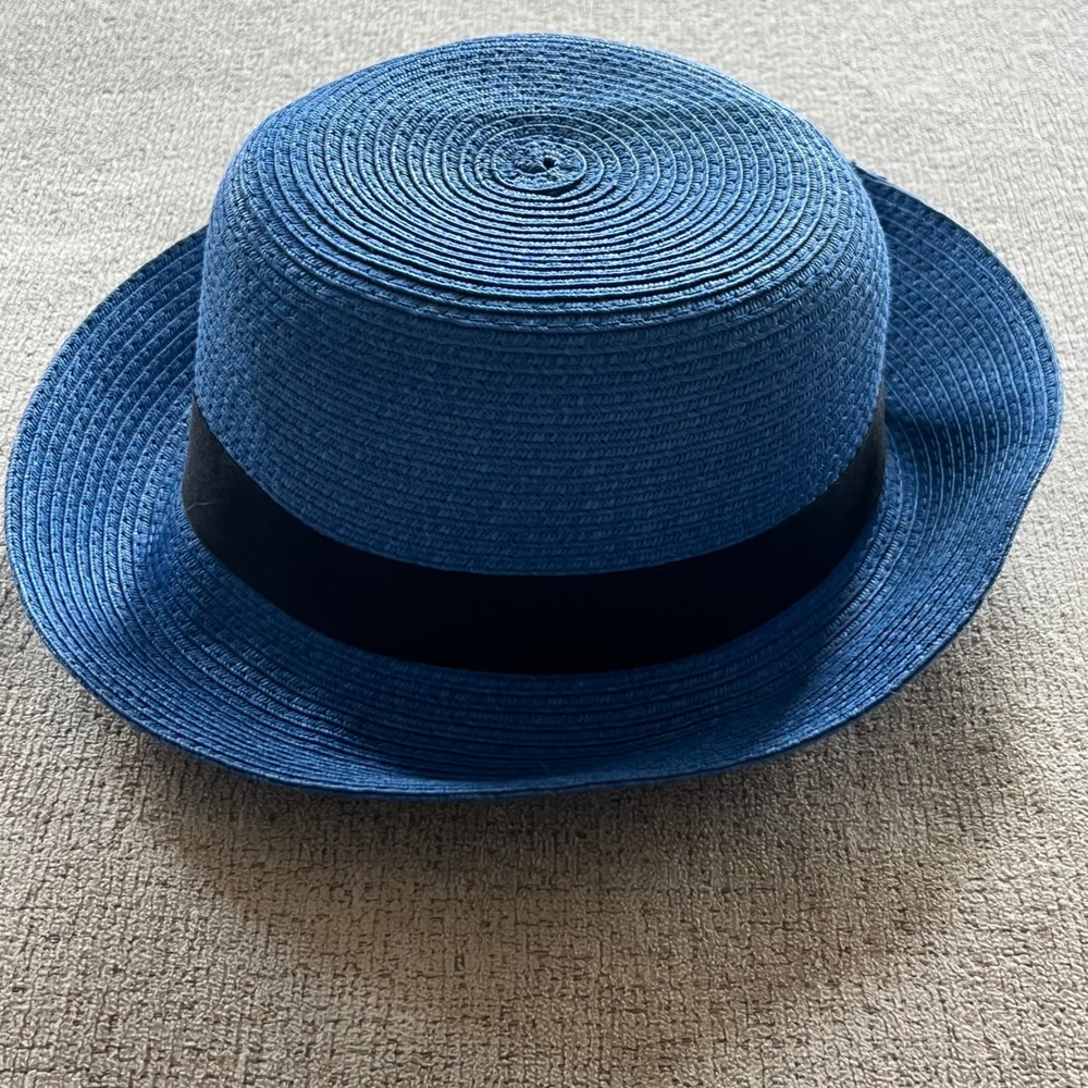 Magid Hats Blue Straw Boater Hat Black Ribbon Band Flat Top Sun Summer Accessory